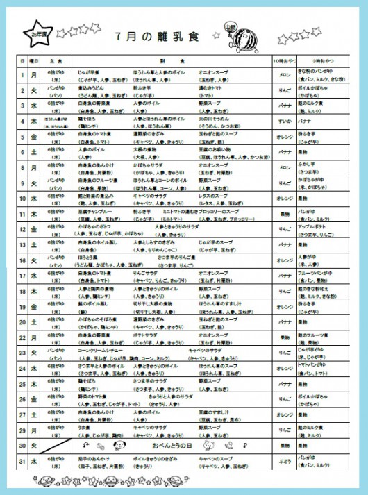 ピッパラ保育園 ７月の給食献立表